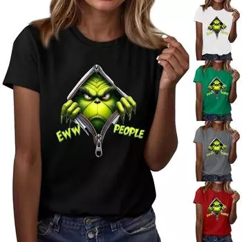 Женский повседневный рождественский принт с короткими рукавами и круглым вырезом, свободный пуловер, топ L чёрный