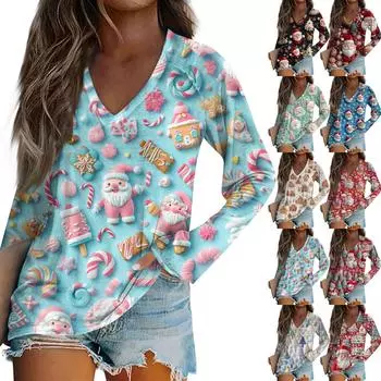 Женский повседневный рождественский принтованный топ с V-образным вырезом и длинными рукавами L синий