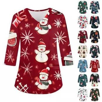 Женский повседневный рождественский свободный V-образный вырез с карманом и принтом, рукава три четверти XXXXL зелёный