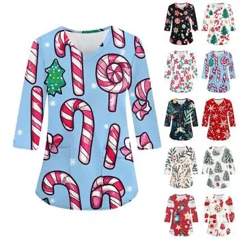 Женский повседневный рождественский свободный V-образный вырез с карманом и принтом, рукава три четверти M