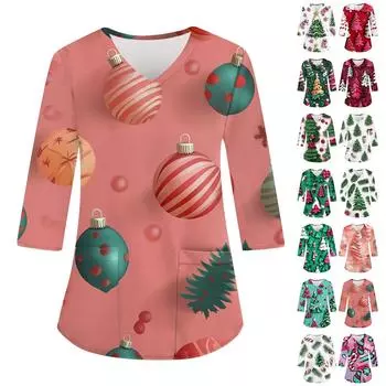 Женский повседневный рождественский свободный V-образный вырез с карманом и принтом, рукава три четверти XXXXL