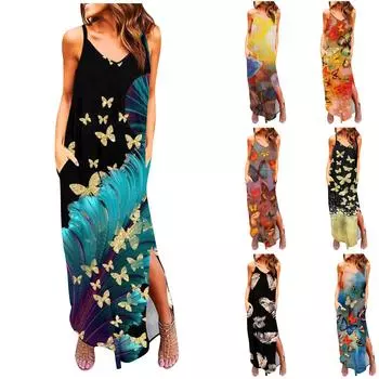 Женский повседневный сарафан, длинное платье на тонких бретельках, с открытыми плечами, без рукавов, платья макси с разрезом, пляжное платье с карманами XXL чёрный