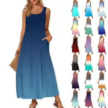 Женский повседневный сарафан длиной до пола, летнее пляжное платье с круглым вырезом, без рукавов, свободный сарафан с градиентным принтом M