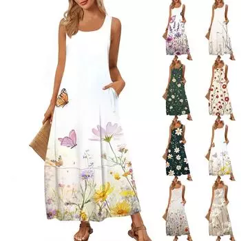 Женский повседневный сарафан длиной до пола, летнее пляжное платье, круглый вырез, без рукавов, свободный сарафан с принтом L армия зеленый