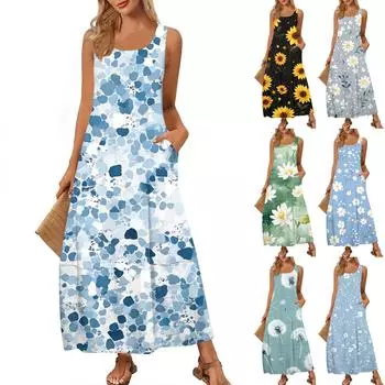 Женский повседневный сарафан длиной до пола, летнее пляжное платье, круглый вырез, без рукавов, свободный сарафан с принтом L чёрный