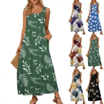 Женский повседневный сарафан длиной до пола, летнее пляжное платье, круглый вырез, без рукавов, свободный сарафан с принтом XL винный