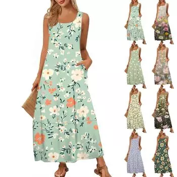 Женский повседневный сарафан длиной до пола, летнее пляжное платье, круглый вырез, без рукавов, свободный сарафан с принтом L