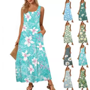 Женский повседневный сарафан длиной до пола, летнее пляжное платье, круглый вырез, без рукавов, свободный сарафан с принтом L