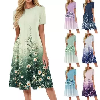 Женский повседневный сарафан, летнее пляжное платье в стиле бохо, цветочные блузки для женщин, свободные платья с круглым вырезом L