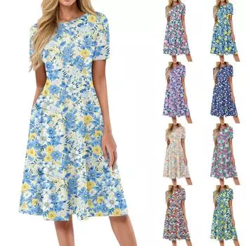 Женский повседневный сарафан, летнее пляжное платье в стиле бохо, цветочные блузки для женщин, свободные платья с круглым вырезом XL