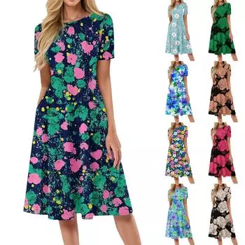 Женский повседневный сарафан, летнее пляжное платье в стиле бохо, цветочные блузки для женщин, свободные платья с круглым вырезом S бежевый