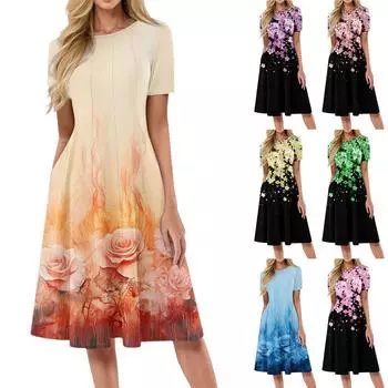 Женский повседневный сарафан, летнее пляжное платье в стиле бохо, цветочные блузки для женщин, свободные платья с круглым вырезом XL