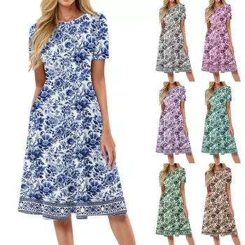 Женский повседневный сарафан, летнее пляжное платье в стиле бохо, цветочные блузки для женщин, свободные платья с круглым вырезом L коричневый