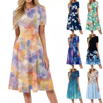 Женский повседневный сарафан, летнее пляжное платье в стиле бохо, цветочные блузки для женщин, свободные платья с круглым вырезом L оранжевый