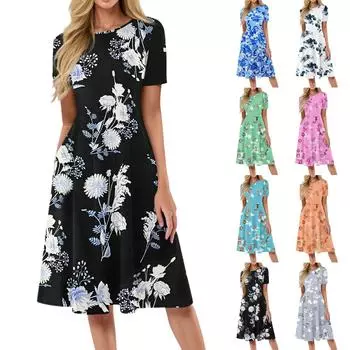 Женский повседневный сарафан, летнее пляжное платье в стиле бохо, цветочные блузки для женщин, свободные платья с круглым вырезом XXL синий