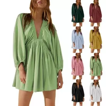 Женский повседневный сарафан, летнее сексуальное женское платье-туника с длинными рукавами, свободное струящееся свободное платье с карманами L чёрный