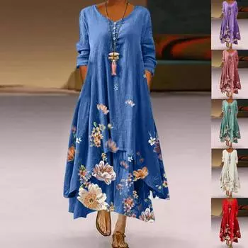 Женский повседневный сарафан с цветочным принтом и круглым вырезом, лоскутное длинное свободное платье с нерегулярным подолом, темперамент S розовый