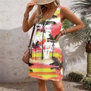 Женский повседневный сарафан с карманами, летнее пляжное платье в стиле бохо, блузки с цветочным принтом для женщин, футболки, платье с v-образным вырезом, свободные платья-майки XL киноварь