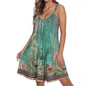 Женский повседневный сарафан с карманами, летнее пляжное платье в стиле бохо, праздничные платья для женщин с V-образным вырезом, пуговицами, свободные платья-майки L армия зеленый