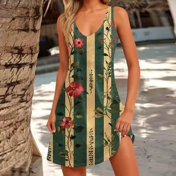 Женский повседневный сарафан с карманами, летнее пляжное платье в стиле бохо, блузки с цветочным принтом для женщин, футболки, платье с v-образным вырезом, свободные платья-майки XL