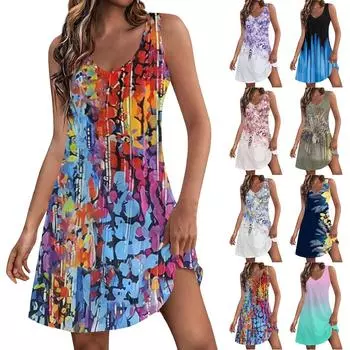 Женский повседневный сарафан с карманами, летнее пляжное платье в стиле бохо, блузки с цветочным принтом для женщин, футболки, платье с v-образным вырезом, свободные платья-майки L синий