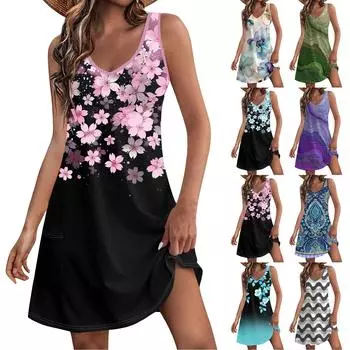 Женский повседневный сарафан с карманами, летнее пляжное платье в стиле бохо, блузки с цветочным принтом для женщин, футболки, платье с v-образным вырезом, свободные платья-майки L армия зеленый