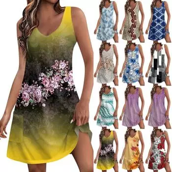 Женский повседневный сарафан с карманами, летнее пляжное платье в стиле бохо, блузки с принтом для женщин, футболки, платье с v-образным вырезом, свободные платья-майки L чёрный