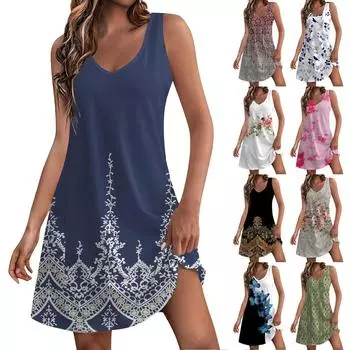 Женский повседневный сарафан с карманами, летнее пляжное платье в стиле бохо, блузки с цветочным принтом для женщин, футболки, платье с v-образным вырезом, свободные платья-майки L армия зеленый