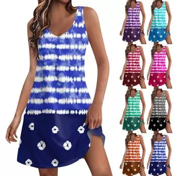 Женский повседневный сарафан с карманами, летнее пляжное платье в стиле бохо, блузки с цветочным принтом для женщин, футболки, платье с v-образным вырезом, свободные платья-майки L чёрный