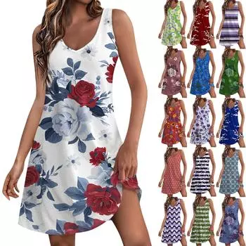 Женский повседневный сарафан с карманами, летнее пляжное платье в стиле бохо, блузки с принтом для женщин, футболки, платье с v-образным вырезом, свободные платья-майки L
