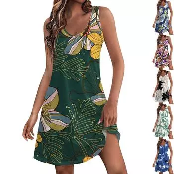 Женский повседневный сарафан с карманами, летнее пляжное платье в стиле бохо, блузки с принтом для женщин, футболки, платье с v-образным вырезом, свободные платья-майки L