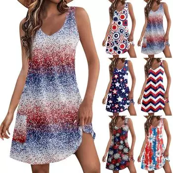 Женский повседневный сарафан с карманами, летнее пляжное платье в стиле бохо, блузки с цветочным принтом для женщин, футболки, платье с v-образным вырезом, свободные платья-майки L синий