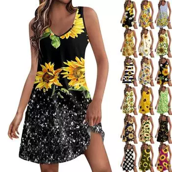 Женский повседневный сарафан с карманами, летнее пляжное платье в стиле бохо, блузки с цветочным принтом для женщин, футболки, платье с v-образным вырезом, свободные платья-майки L