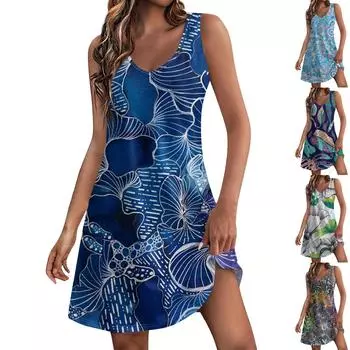 Женский повседневный сарафан с карманами, летнее пляжное платье в стиле бохо, блузки с принтом для женщин, футболки, платье с v-образным вырезом, свободные платья-майки L зелёный