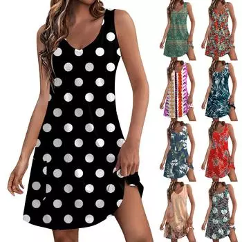 Женский повседневный сарафан с карманами, летнее пляжное платье в стиле бохо, блузки с цветочным принтом для женщин, футболки, платье с v-образным вырезом, свободные платья-майки L чёрный