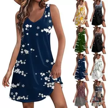 Женский повседневный сарафан с карманами, летнее пляжное платье в стиле бохо, блузки с цветочным принтом для женщин, футболки, платье с v-образным вырезом, свободные платья-майки L кофейный