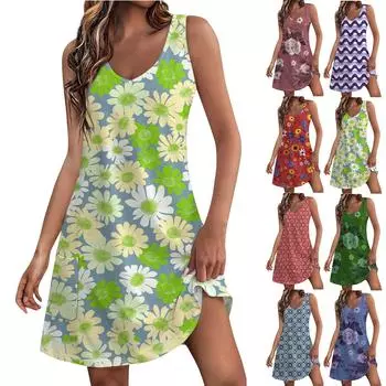 Женский повседневный сарафан с карманами, летнее пляжное платье в стиле бохо, блузки с принтом для женщин, футболки, платье с v-образным вырезом, свободные платья-майки L