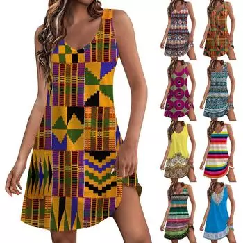 Женский повседневный сарафан с карманами, летнее пляжное платье в стиле бохо, блузки с цветочным принтом для женщин, футболки, платье с v-образным вырезом, свободные платья-майки L синий