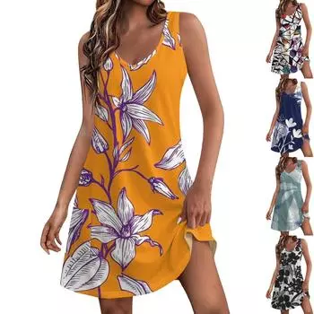 Женский повседневный сарафан с карманами, летнее пляжное платье в стиле бохо, блузки с принтом для женщин, футболки, платье с v-образным вырезом, свободные платья-майки L чёрный