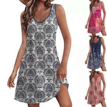 Женский повседневный сарафан с карманами, летнее пляжное платье в стиле бохо, блузки с цветочным принтом для женщин, футболки, платье с v-образным вырезом, свободные платья-майки L синий