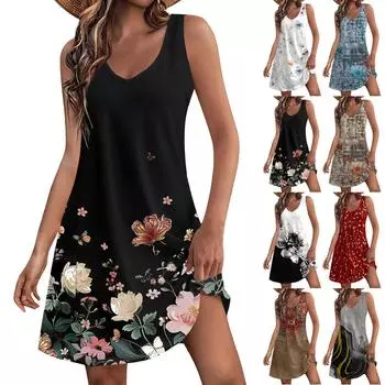 Женский повседневный сарафан с карманами, летнее пляжное платье в стиле бохо, блузки с цветочным принтом для женщин, футболки, платье с v-образным вырезом, свободные платья-майки L чёрный