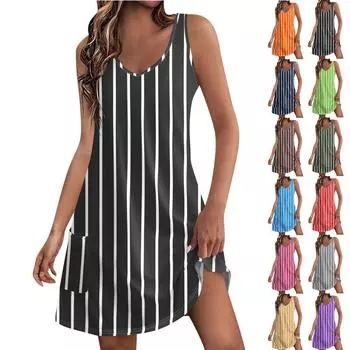 Женский повседневный сарафан с карманами, летнее пляжное платье в стиле бохо, блузки с цветочным принтом для женщин, футболки, платье с v-образным вырезом, свободные платья-майки L чёрный