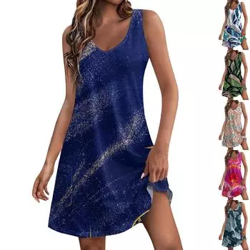 Женский повседневный сарафан с карманами, летнее пляжное платье в стиле бохо, блузки с принтом для женщин, футболки, платье с v-образным вырезом, свободные платья-майки L синий