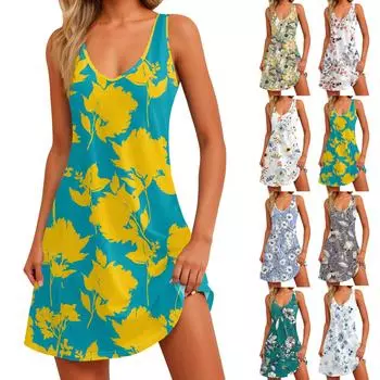 Женский повседневный сарафан с карманами, летнее пляжное платье в стиле бохо, блузки с цветочным принтом для женщин, футболки, платье с v-образным вырезом, свободные платья-майки XL зелёный