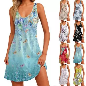 Женский повседневный сарафан с карманами, летнее пляжное платье в стиле бохо, блузки с цветочным принтом для женщин, футболки, платье с v-образным вырезом, свободные платья-майки S