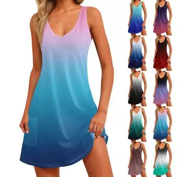 Женский повседневный сарафан с карманами Летнее пляжное платье в стиле бохо Градиентные цветочные блузки для женщин Футболки Платье с V-образным вырезом Свободные платья-майки L синий