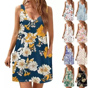 Женский повседневный сарафан с карманами, летнее пляжное платье в стиле бохо, блузки с цветочным принтом для женщин, футболки, платье с v-образным вырезом, свободные платья-майки L чёрный