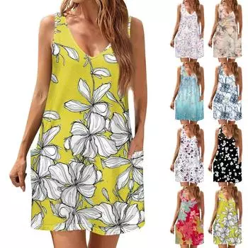 Женский повседневный сарафан с карманами, летнее пляжное платье в стиле бохо, блузки с цветочным принтом для женщин, футболки, платье с v-образным вырезом, свободные платья-майки L чёрный