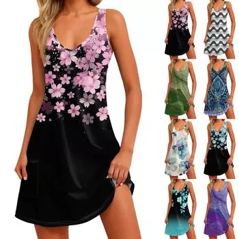 Женский повседневный сарафан с карманами, летнее пляжное платье в стиле бохо, блузки с цветочным принтом для женщин, футболки, платье с v-образным вырезом, свободные платья-майки L