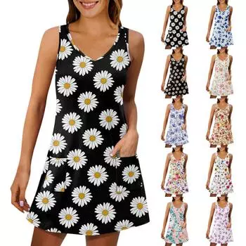 Женский повседневный сарафан с карманами, летнее пляжное платье в стиле бохо, блузки для женщин, футболки, платье с v-образным вырезом, свободные платья-майки L чёрный